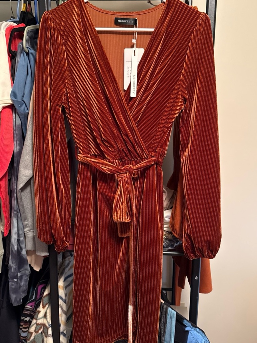 MEROCKETTY Women's Rust Velvet Wrap Coat